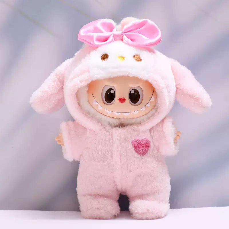 Labubu Clothing – Fuzzy Pink Bunny Bow Hooded Onesie